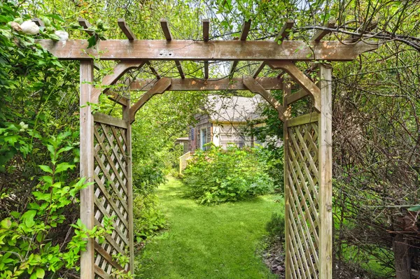 a backyard of a house with plants and large trees