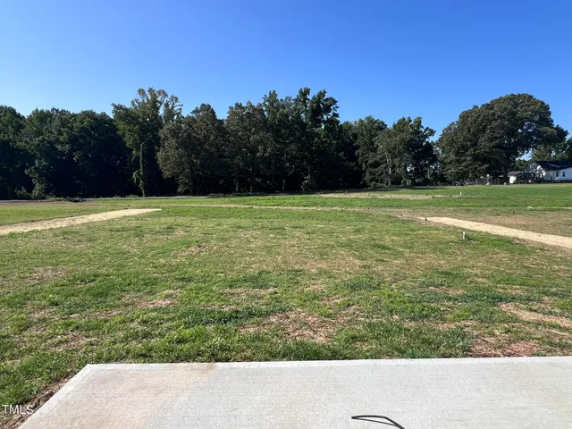 a view of a field with an trees in the background