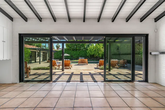 a view of a garden with a palm tree