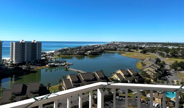 a view of a lake with a city view