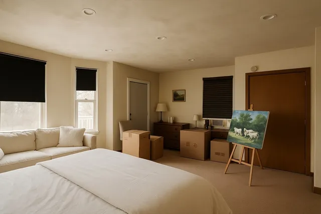 a bedroom with a bed and a couch