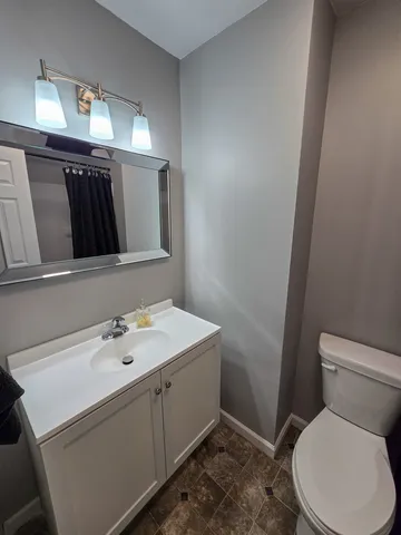 a bathroom with a sink a toilet and mirror