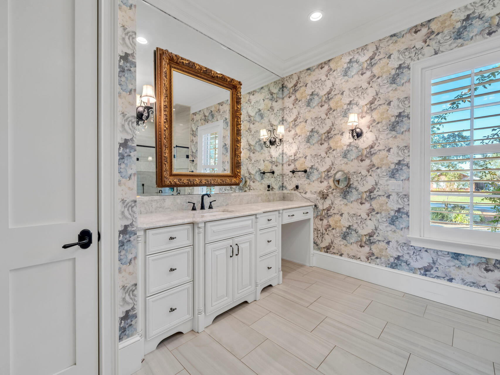 182 Buck Road Santa Rosa Beach, FL 32459 - Photo 41 of 99 a bathroom with a granite countertop sink a mirror a vanity and a shower