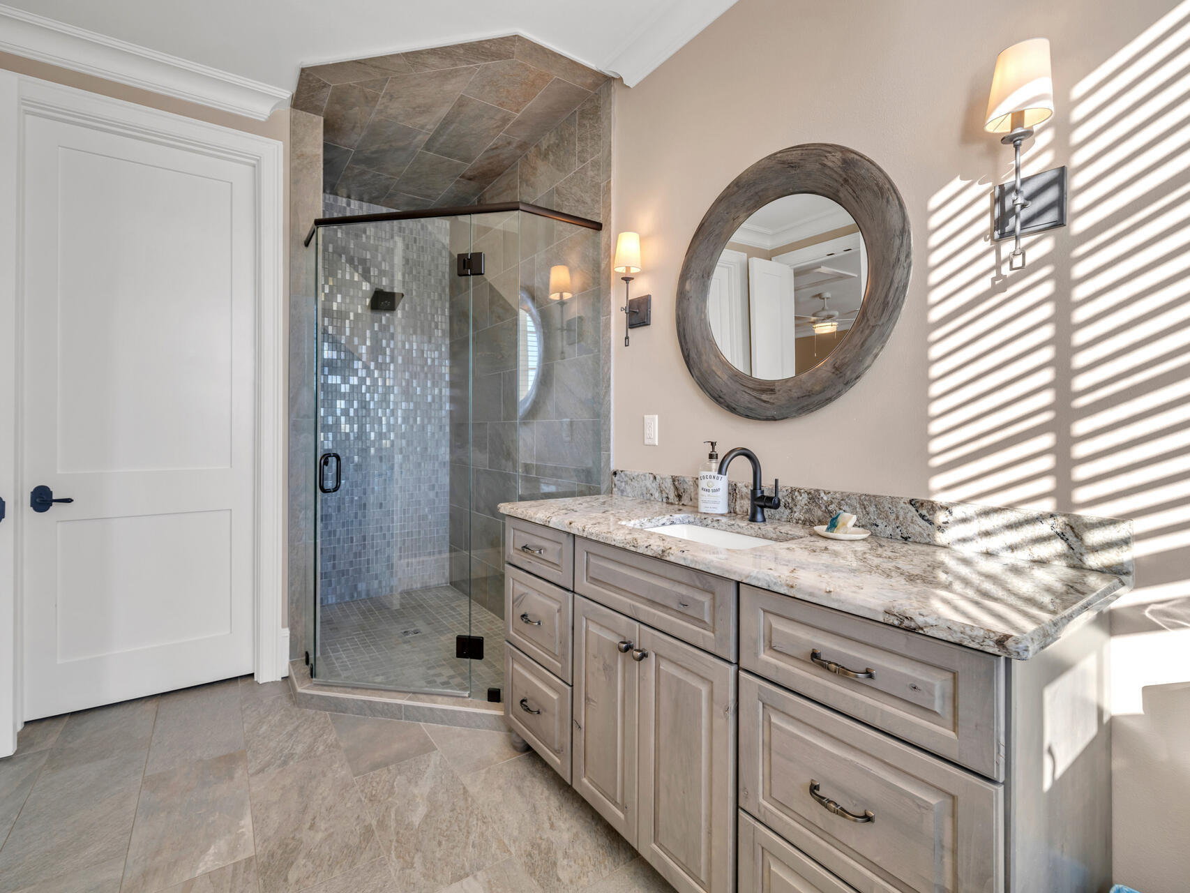 182 Buck Road Santa Rosa Beach, FL 32459 - Photo 50 of 99 a bathroom with a granite countertop double vanity sink mirror and shower