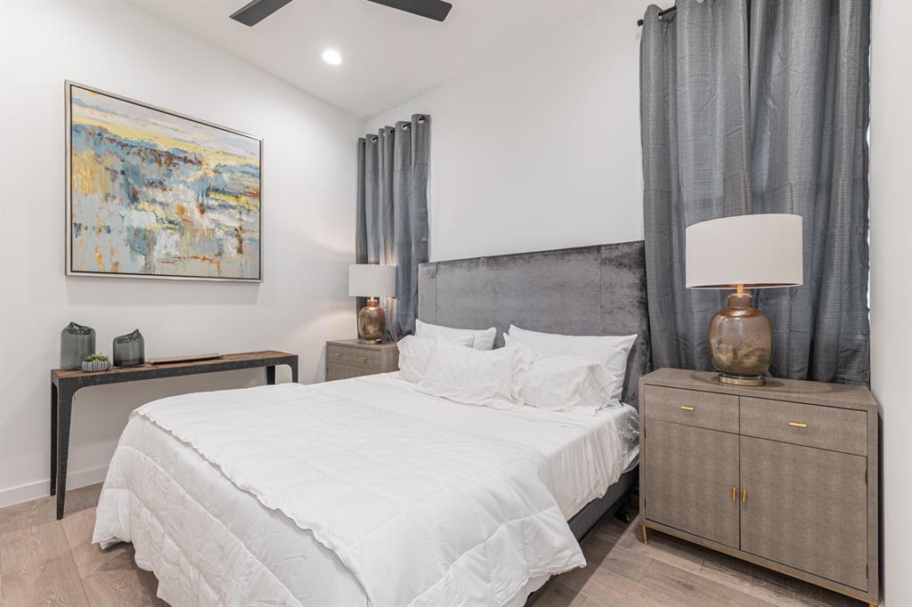 4202 Bonham Street Dallas, TX 75229 - Photo 21 of 32 Bedroom with recessed lighting, wood finished floors, and a ceiling fan