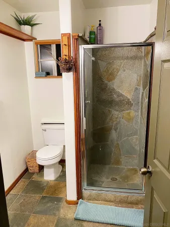 a bathroom with a shower a toilet and a sink