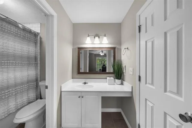 a bathroom with a sink mirror and toilet