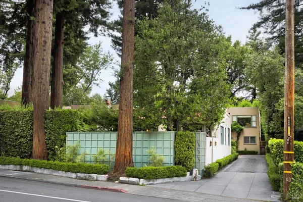 a view of a white house with a yard and potted plants