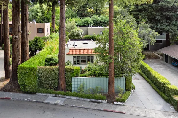 a aerial view of a house with a yard and potted plants