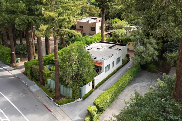 aerial view of a house with a yard and potted plants