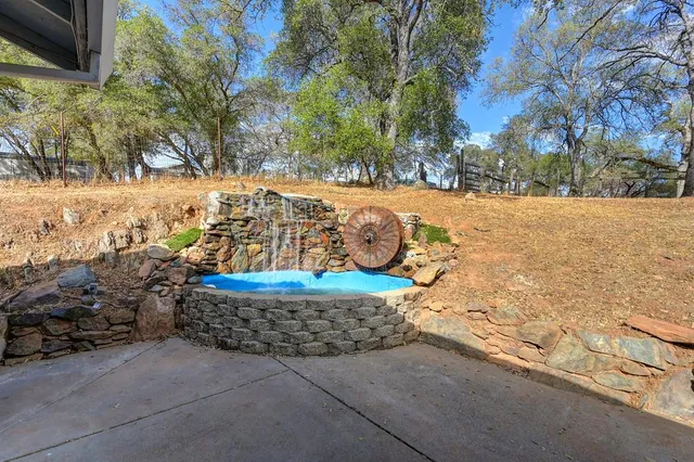 a view of a yard with large trees