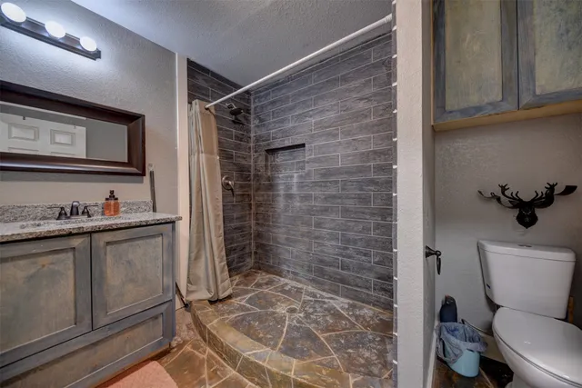 a bathroom with a granite countertop sink toilet and shower
