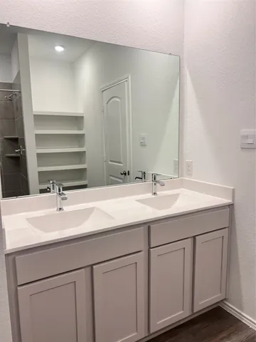 a bathroom with a sink and a mirror