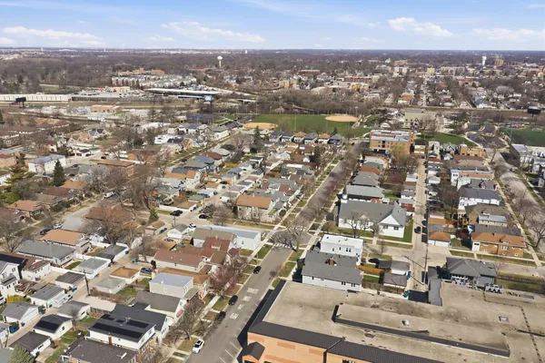 an aerial view of a city with balcony