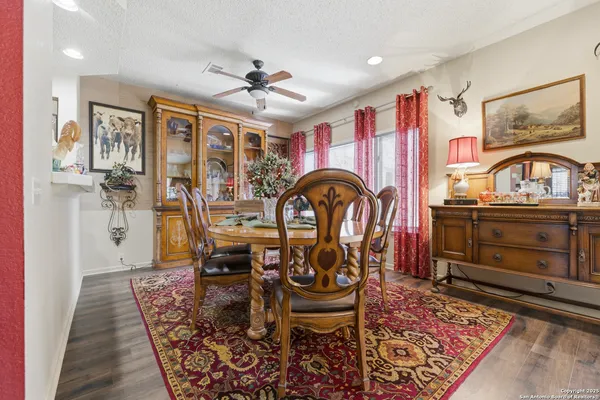 a view of a dining room with furniture