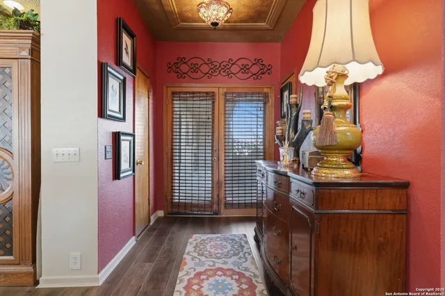 a front view of a house with a chandelier