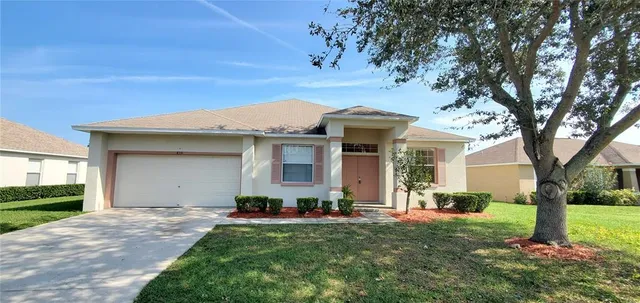 a front view of a house with a yard and an tree