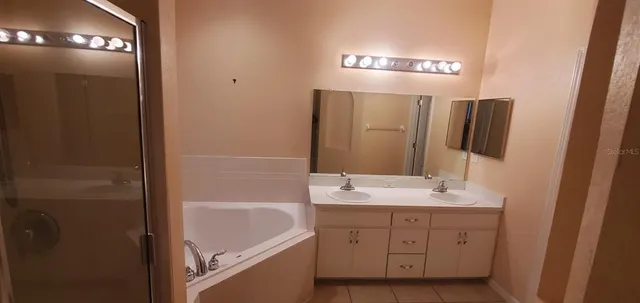 a bathroom with a sink a shower a mirror and a bathtub