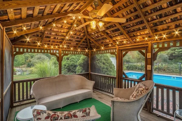 a view of a chair in wooden deck