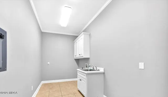 a hallway with cabinets