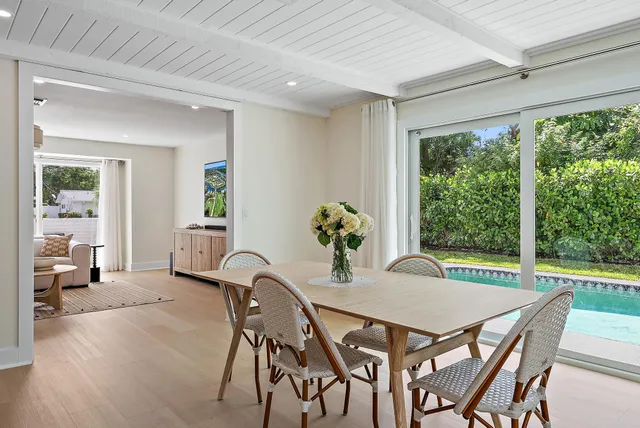 a view of a dining room with furniture window and outside view