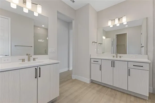 a bathroom with a sink a shower and a mirror