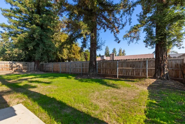 a view of a backyard with large trees
