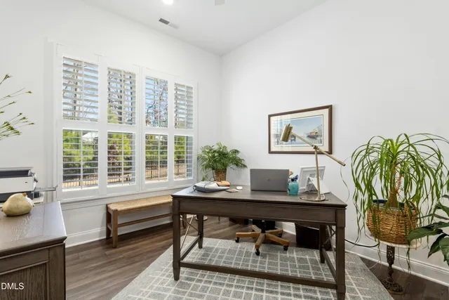 a workspace with furniture and a potted plant