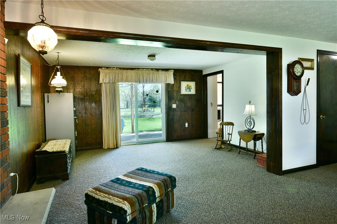 379 Housel Craft Road Bristolville, OH 44402 - Photo 39 of 50 Carpeted living room featuring wooden walls and a textured ceiling
