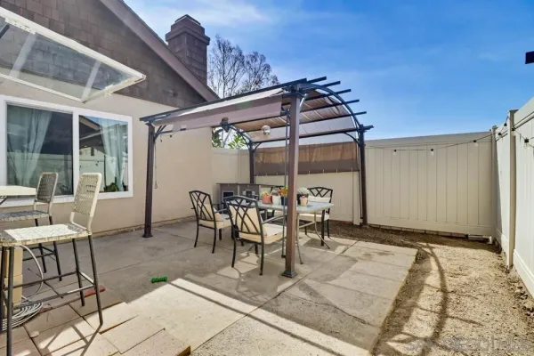 a view of a dinning table and chairs in the patio