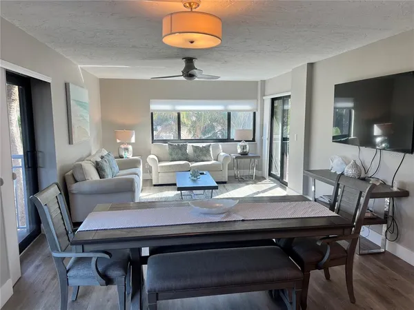 a view of a dining room with furniture window and outside view