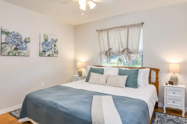 a view of a livingroom with wooden floor