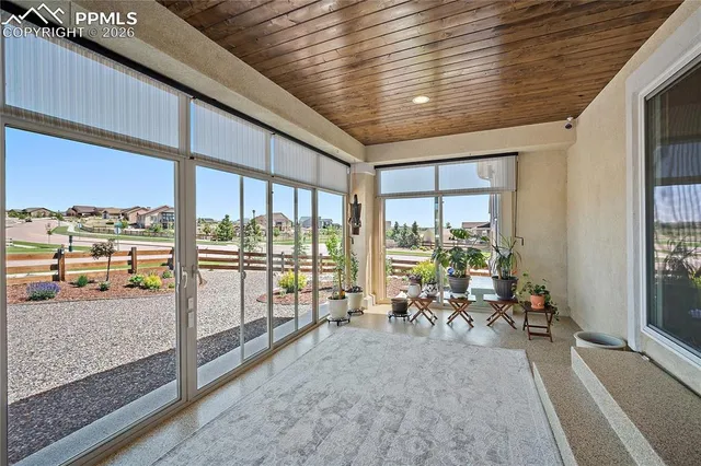 a view of a city with lawn chairs