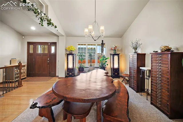 a view of a dining room with furniture