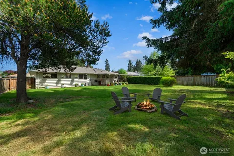a garden view with a seating space