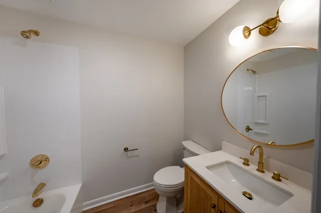 a bathroom with a sink mirror and toilet