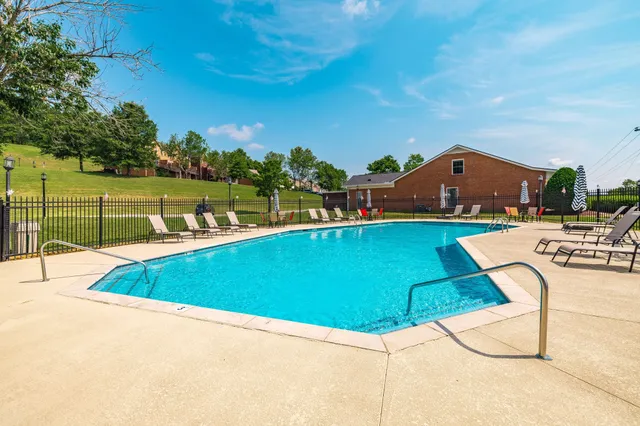 a view of a swimming pool with lounge chairs