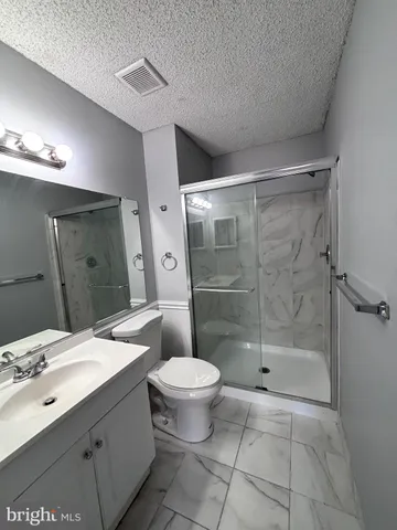 a bathroom with a shower sink vanity and toilet