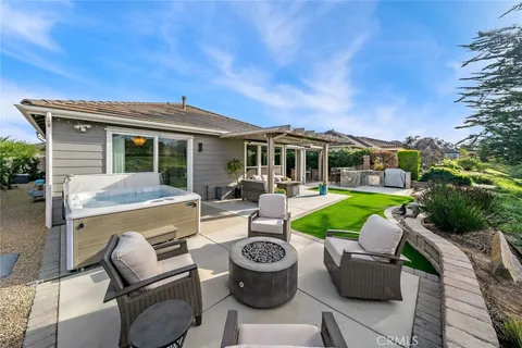 a garden view with a seating space