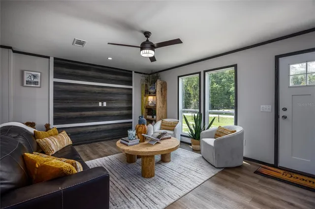 a living room with furniture and a potted plant