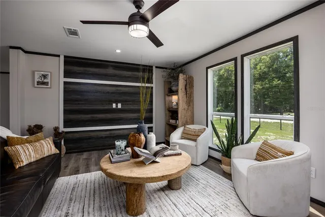 a living room with furniture and a floor to ceiling window