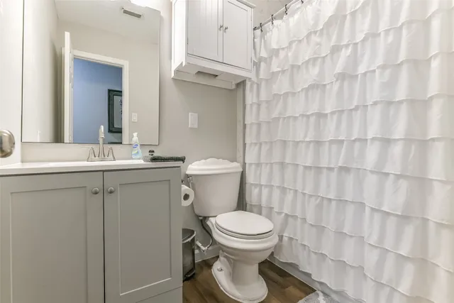 a bathroom with a sink a toilet and shower