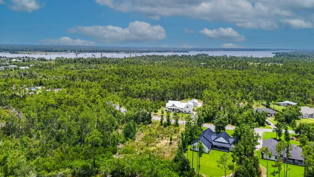 an aerial view of residential house with outdoor space and trees all around