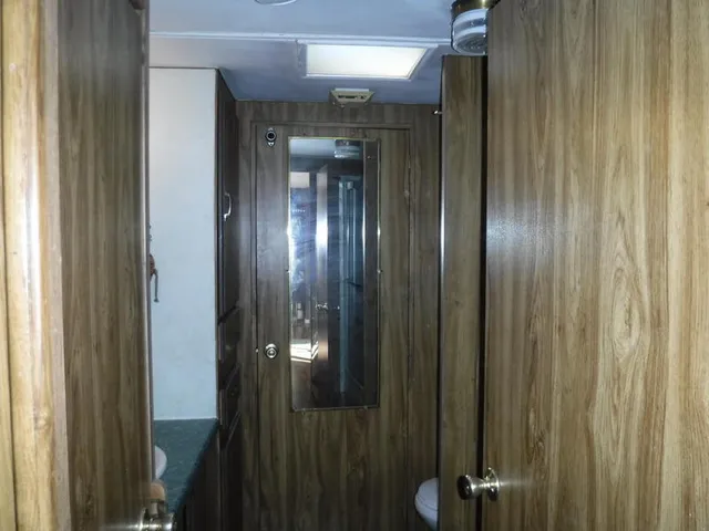a bathroom with a glass door