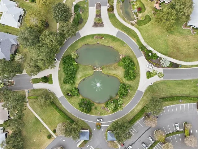 an aerial view of a swimming pool