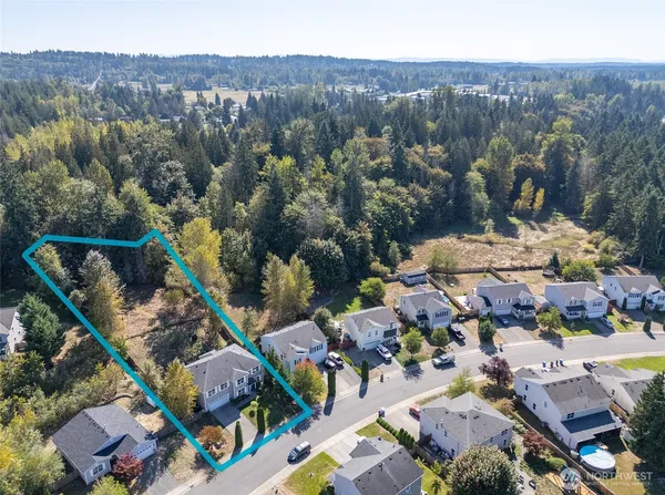 an aerial view of a house with a mountain