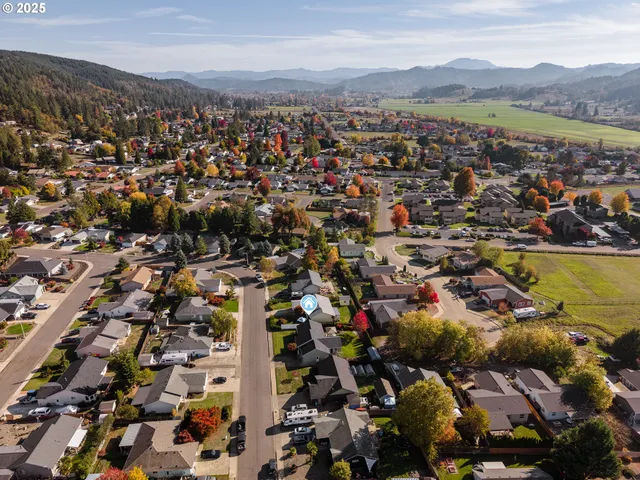 an aerial view of a city with lots of residential buildings and mountain view in back