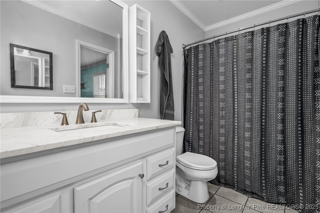 8810 Tangletree Drive Linden, NC 28356 - Photo 27 of 50 a bathroom with a granite countertop sink a toilet and a mirror