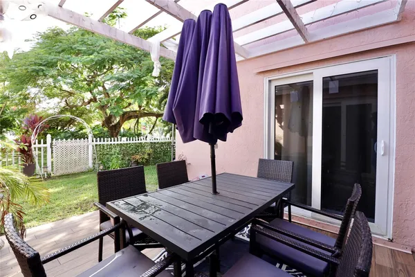 a view of a dinning table and chairs in patio