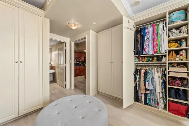 a view of a bedroom with furniture and closet